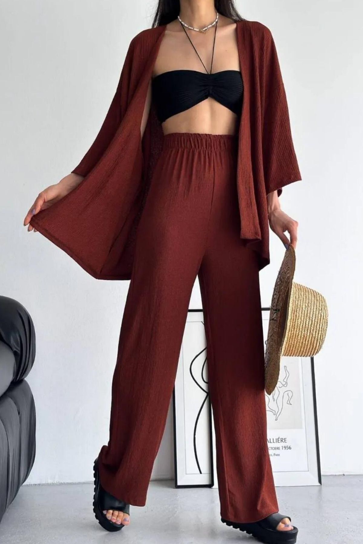 rşnmoda Kadın Kahverengi Bol Paça Palazzo Alt Üst Takım