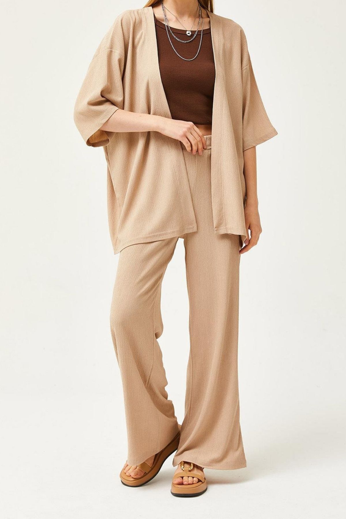 rşnmoda Kadın Taş Rengi Bol Paça Palazzo Alt Üst Kimono Takım
