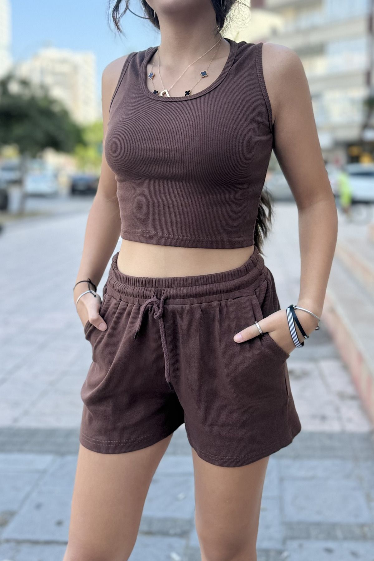 rşnmoda Kadın Beli Lastikli şort crop alt üst ikili Takım