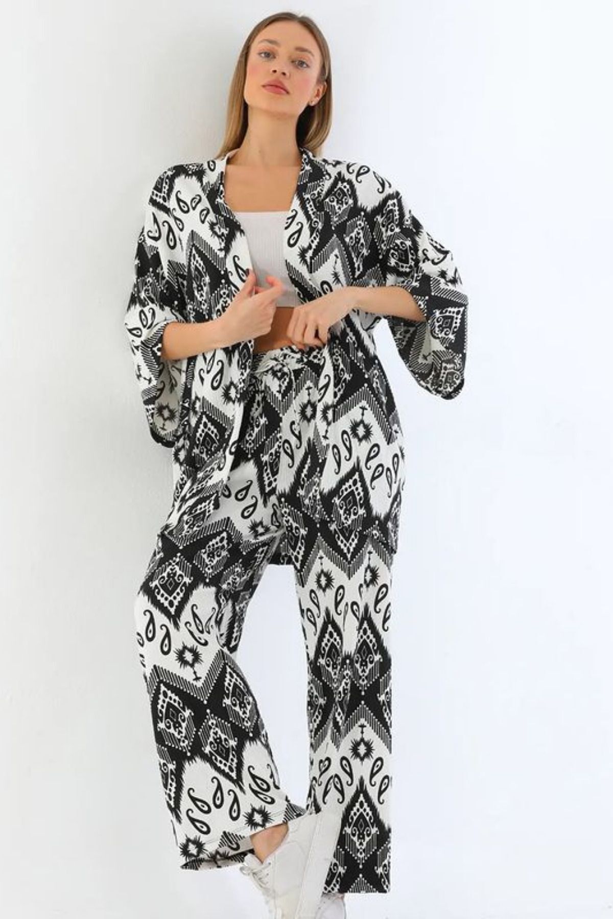 rşnmoda Kadın Siyah Şal Desenli Bol Paça Palazzo Alt Üst Kimono Takım
