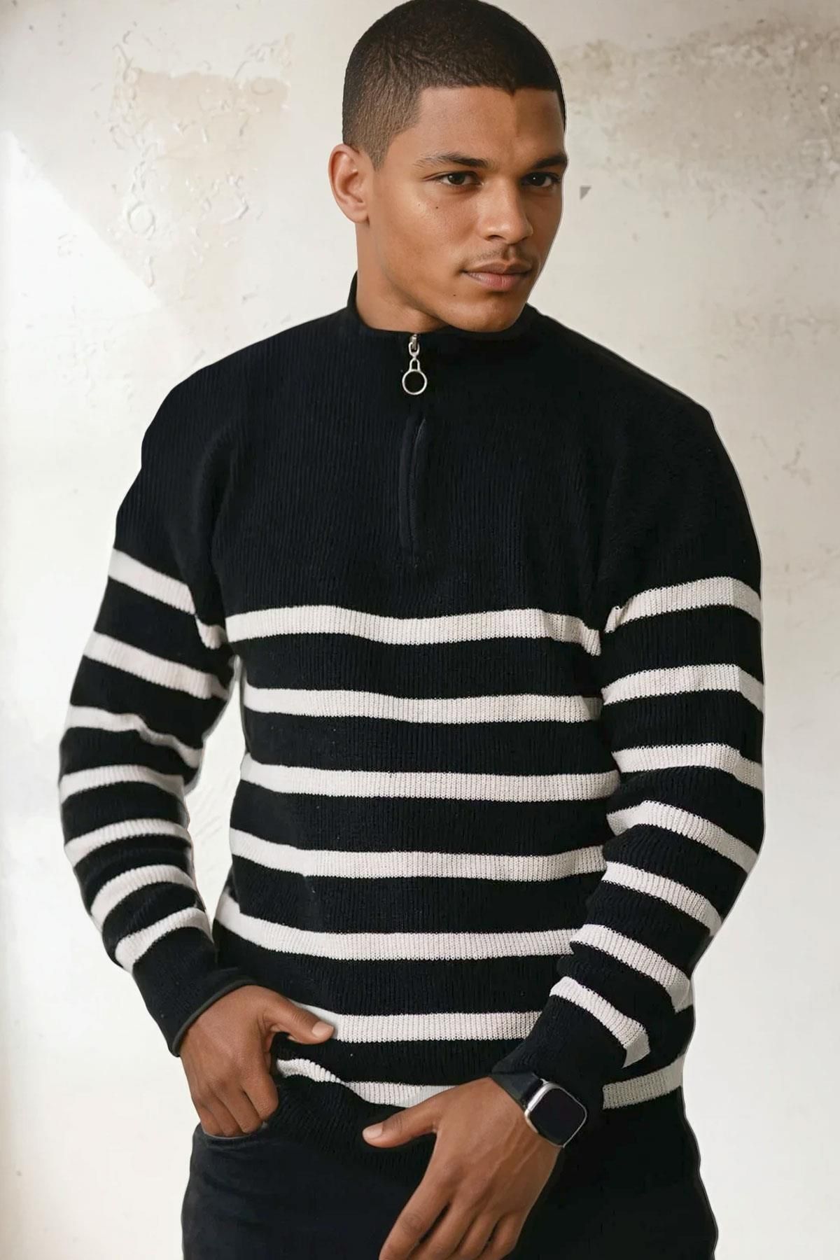 Millionaire-Men's Black Striped Zippered Turtleneck Sweater 3