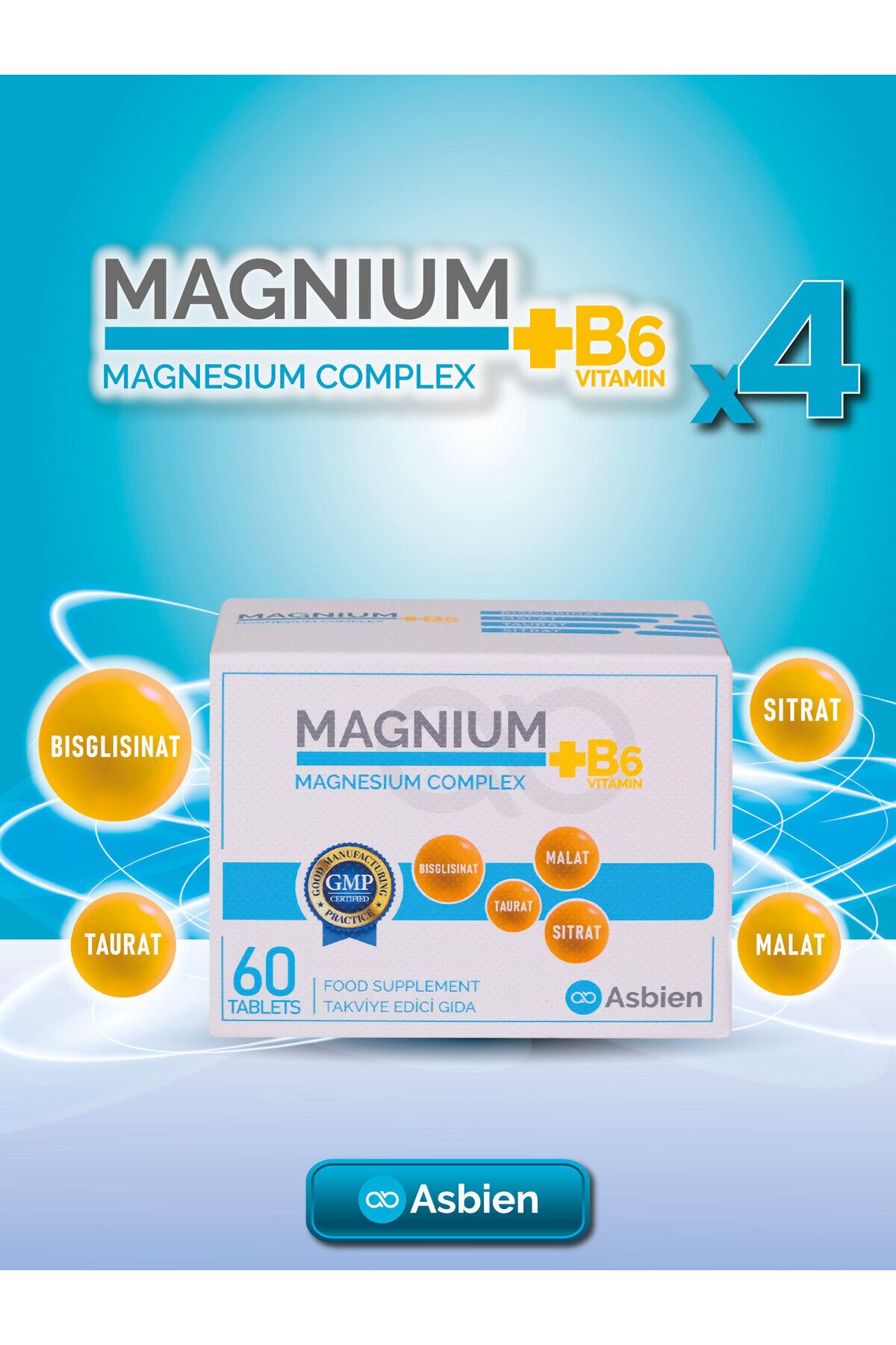 MAGNIUM Magnesıum Complex B6 60 Tab Magnezyum Bisglisinat , Sitrat , Malat , Taurat , B6 Asbien