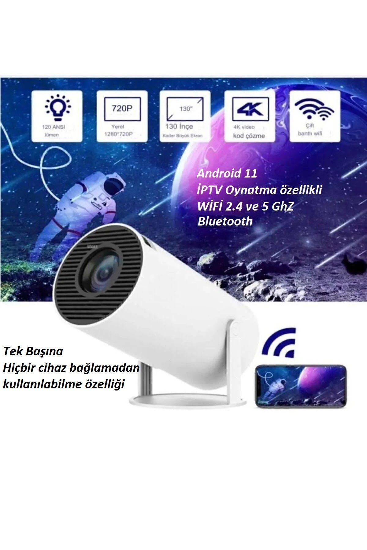 Techno Stock Hy300 Pro Beyaz Ultrahd Projeksiyon Android 12 200 Lümen Işık Gücü Wifi Bluetooth Ekr...