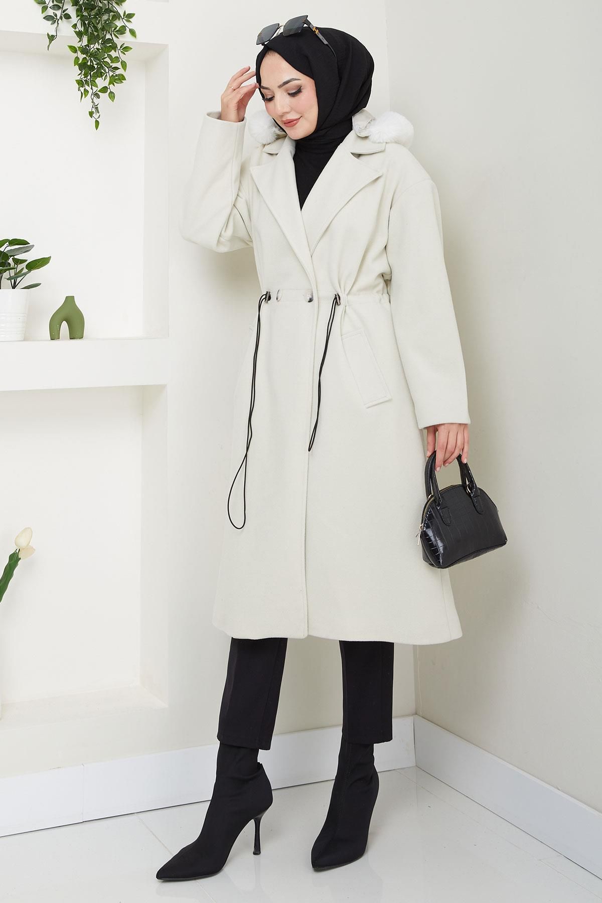 hafsamina-Ecru Stamp Coat - Hooded and Drawstring Waist Hm2604 6