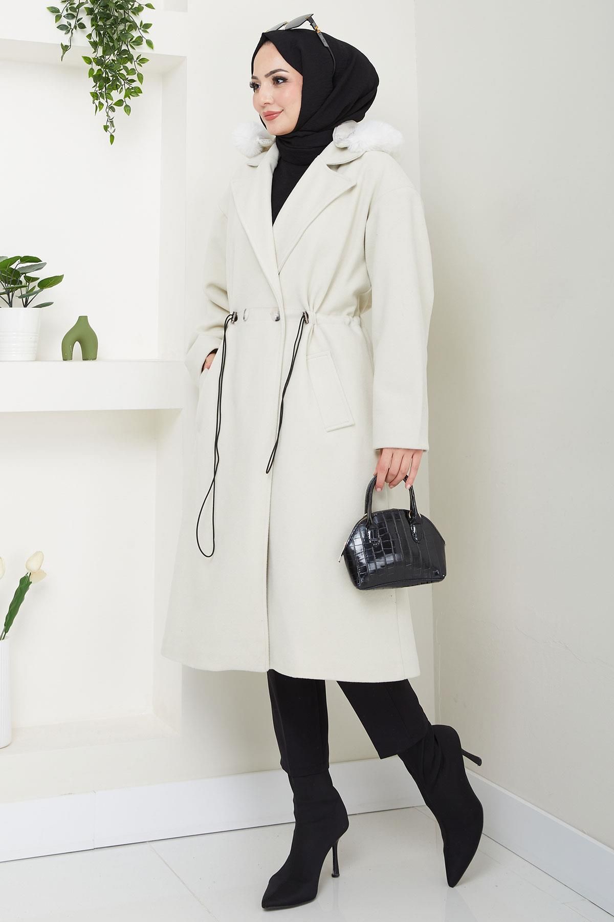 hafsamina-Ecru Stamp Coat - Hooded and Drawstring Waist Hm2604 4