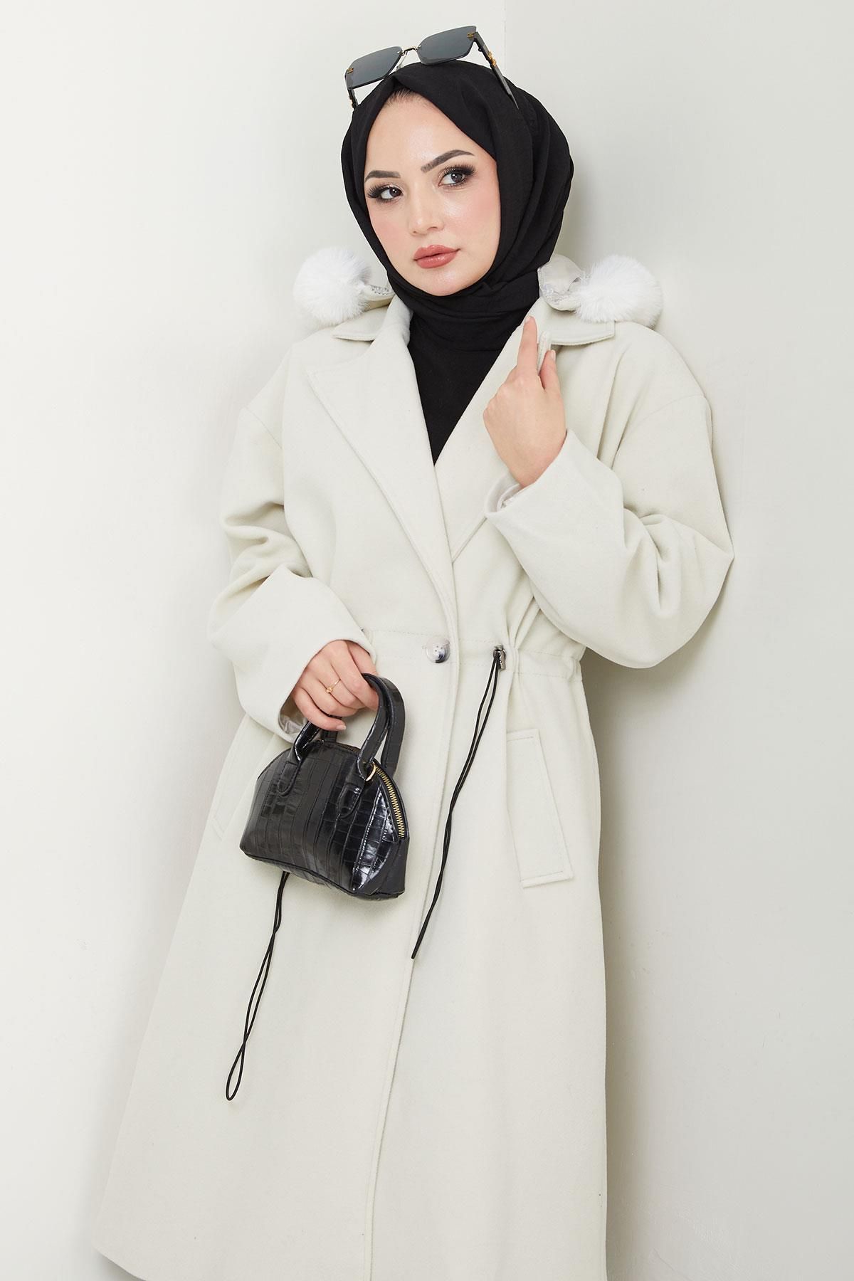 hafsamina-Ecru Stamp Coat - Hooded and Drawstring Waist Hm2604 7