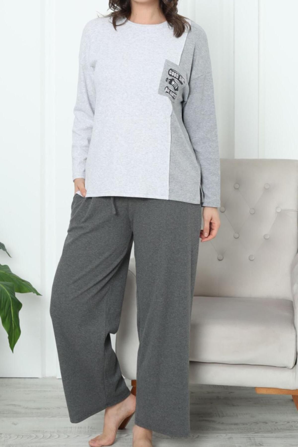 Nicoletta-Women's Pajama Set Long Sleeve Camisole Loose Gray 2