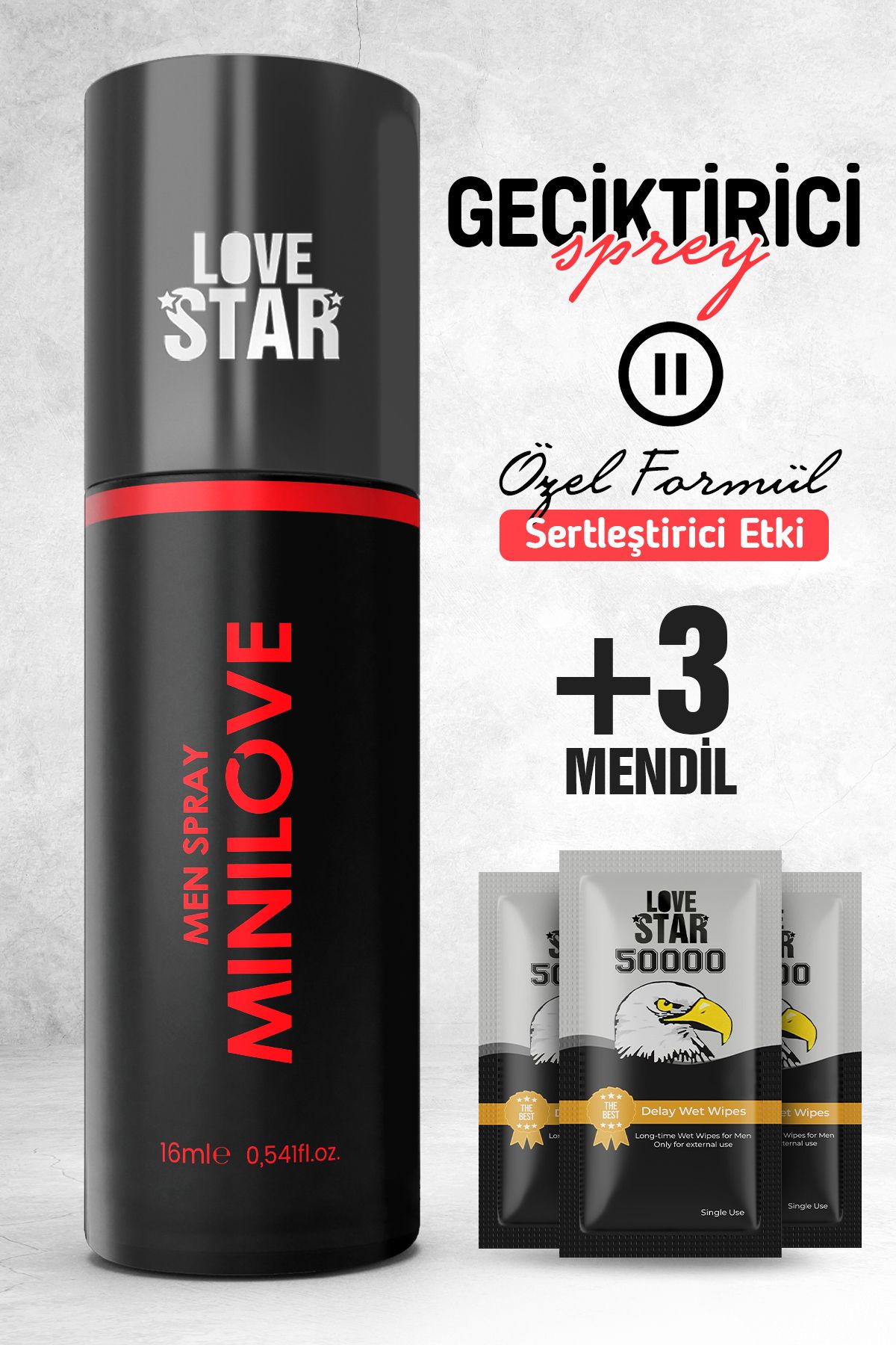 Love Star 15ml Geciktirmeye Yardımcı Sprey ve 3 Adet Tek Kullanımlık Mendil Geciktiricili Set