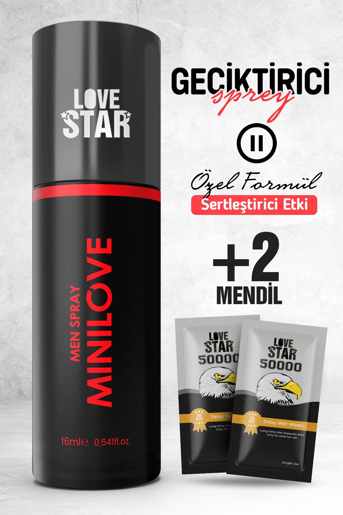 Love Star 15ml Geciktirmeye Yardımcı Sprey ve 2 Adet Tek Kullanımlık Mendil Geciktiricili Set