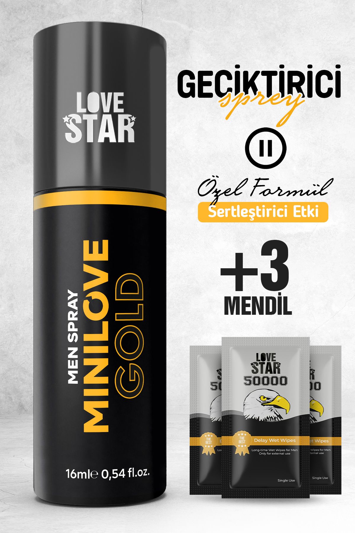 Love Star Geciktiricili Premium Sprey ve 3 Adet Tek Kullanımlık Mendil Geciktiricili Set