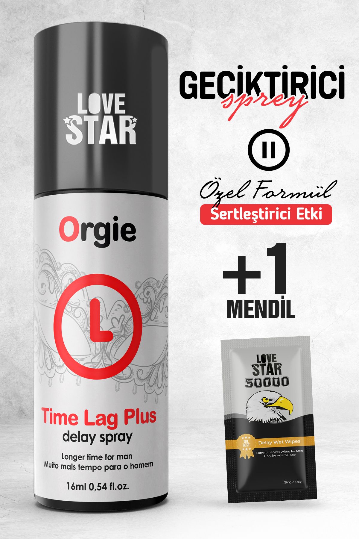 Love Star Pluss Geciktiricili Sprey Avrupa'dan İthal ve 1 Adet Tek Kullanımlık Mendil Geciktiricili Set