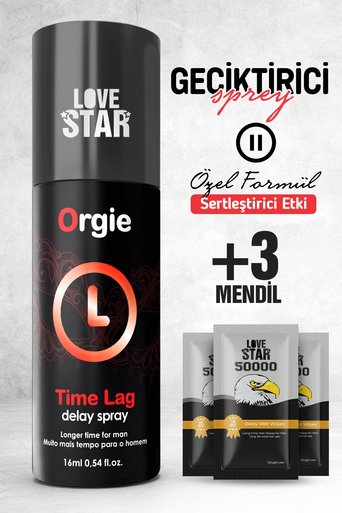 Love Star Lüks Geciktiricili Sprey Avrupa'dan İthal ve 3 Adet Tek Kullanımlık Mendil Geciktiricili Set