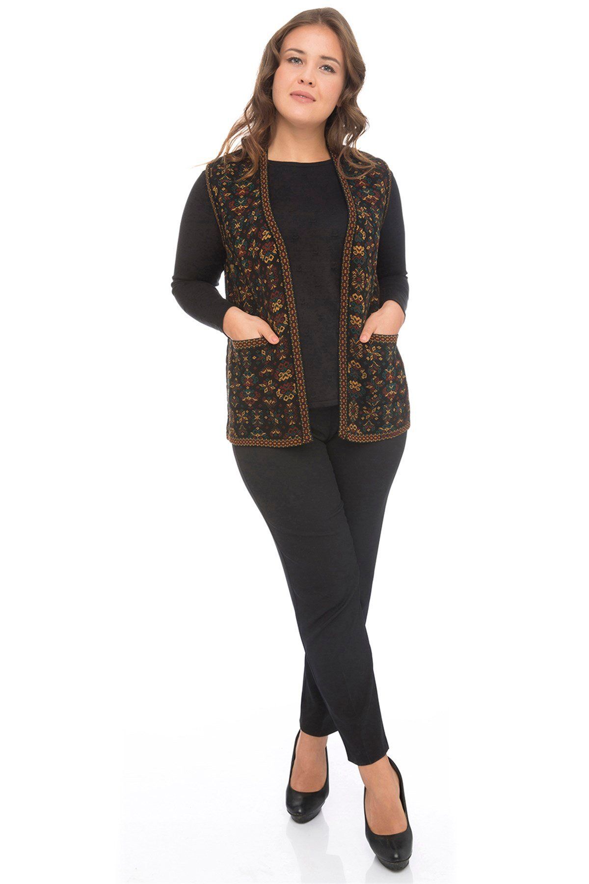 Uludağ Triko-Дамска основна жилетка Kilim с шарки на цветя и джобове 3