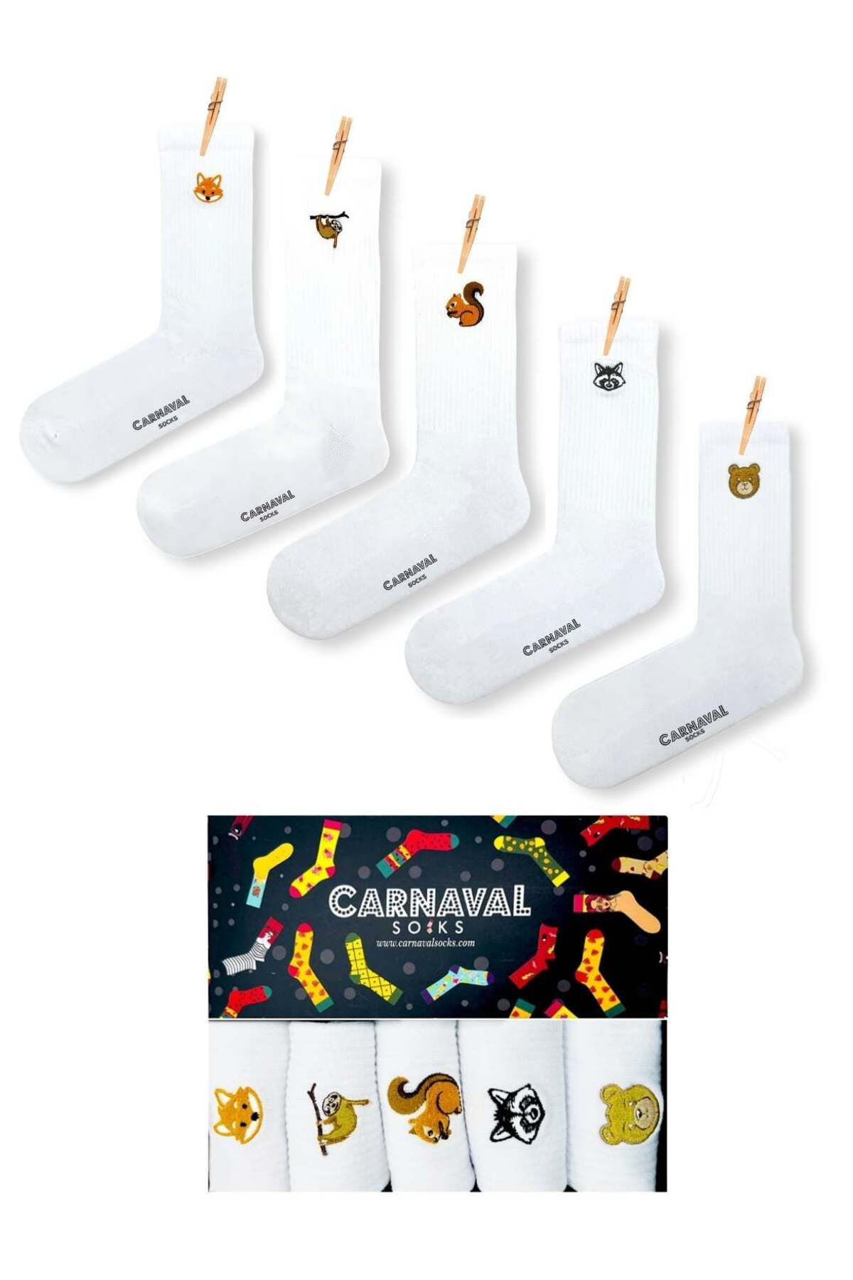 CARNAVAL SOCKS 5'li Nakışlı Hayvanlar Desenli unisex beyaz Çorap Kutusu