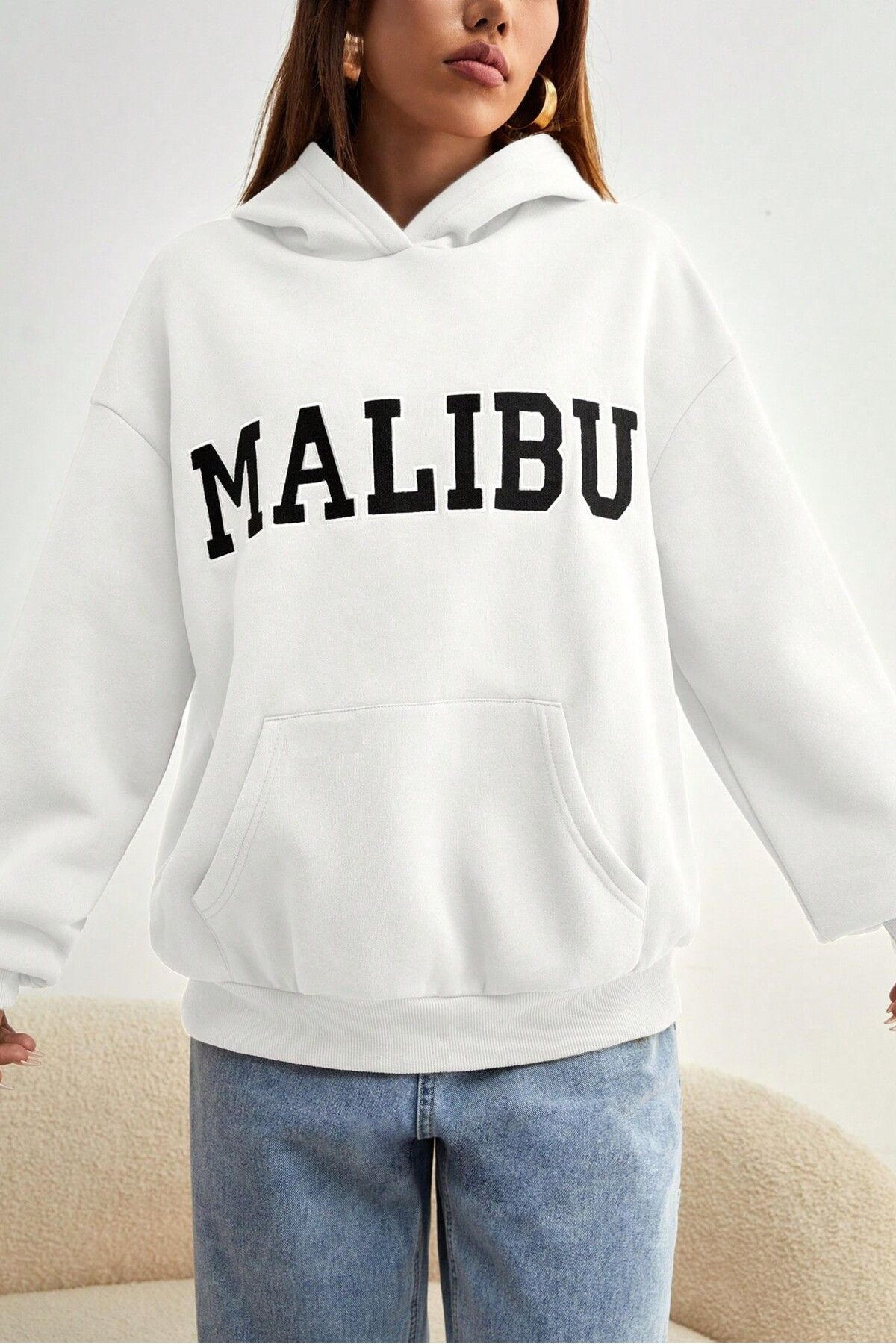 MODAGEN-Unisex White Hooded Malibu Printed Oversize Sweatshirt 4