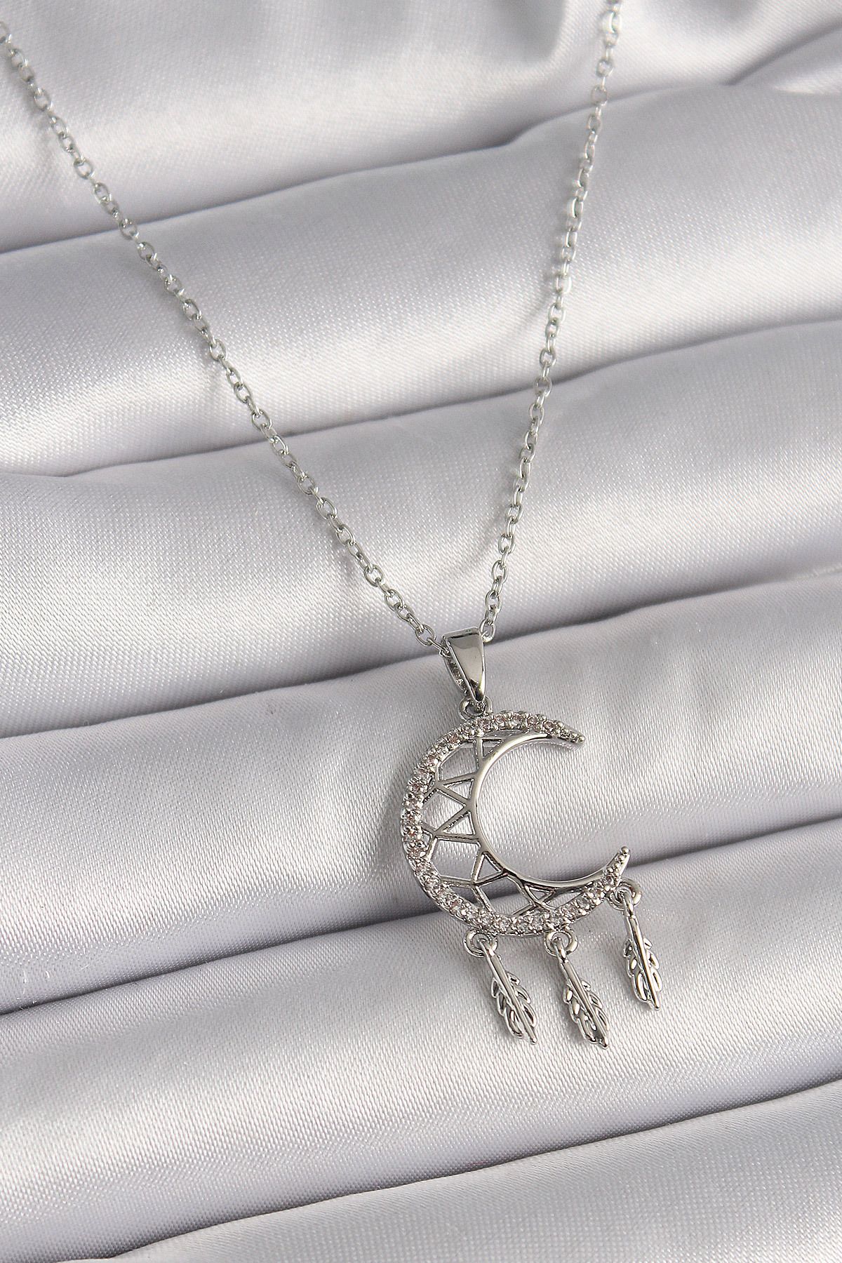 KfksStore 316L Çelik Gümüş Renk Zincir Zirkon Taşlı Hilal Model Sallantı Yaprak Detay Kadın Kolye