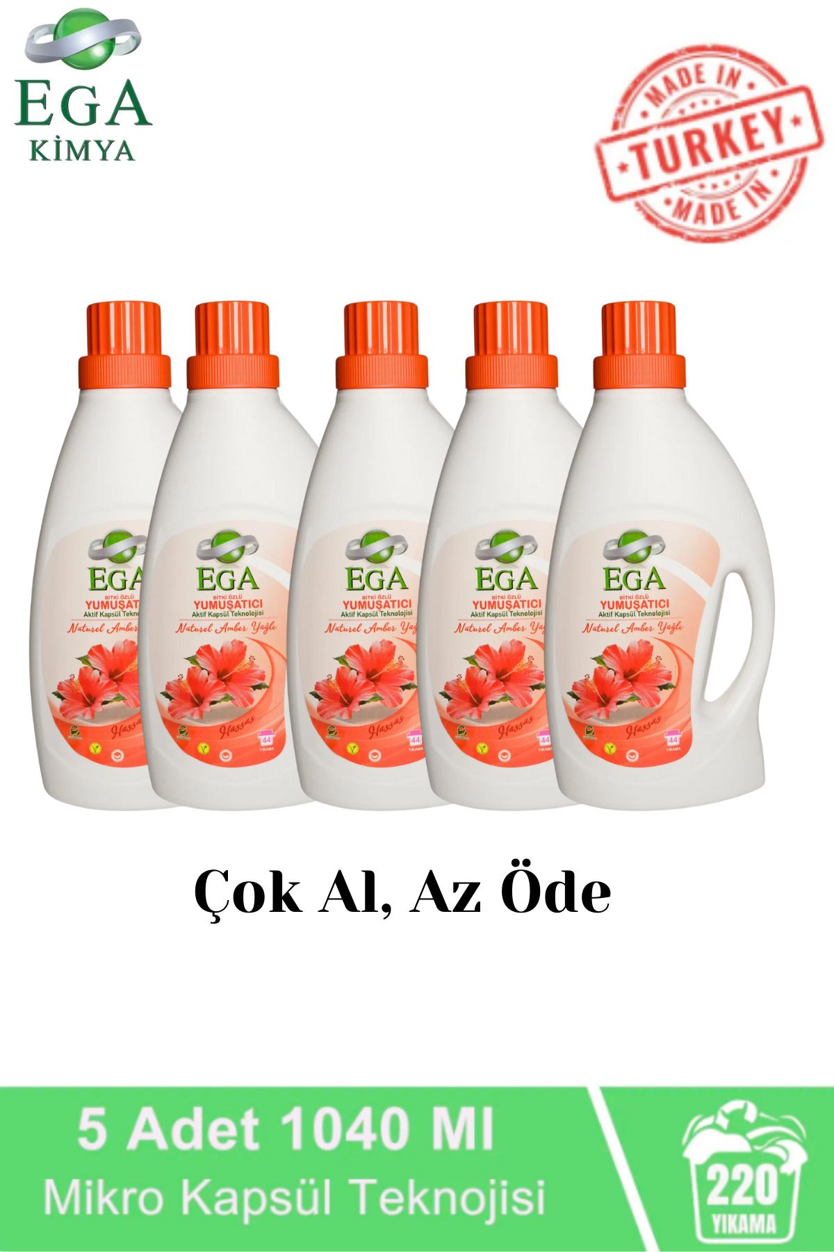 Ega Kimya Aktif Kapsül Teknolojili Amber Çamaşır Yumuşatıcısı 5 X 1040 ml 220 Yıkama