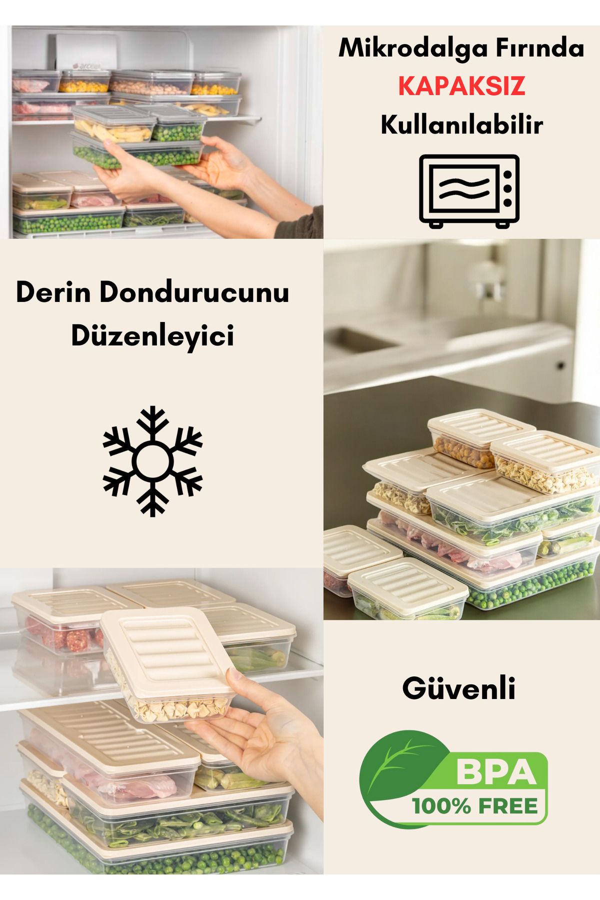 Flash Bazaar-4-Piece Fridge Organizer - Storage Container with Cream Lid for Microwave and Freeze 4 X 1170 ml 5