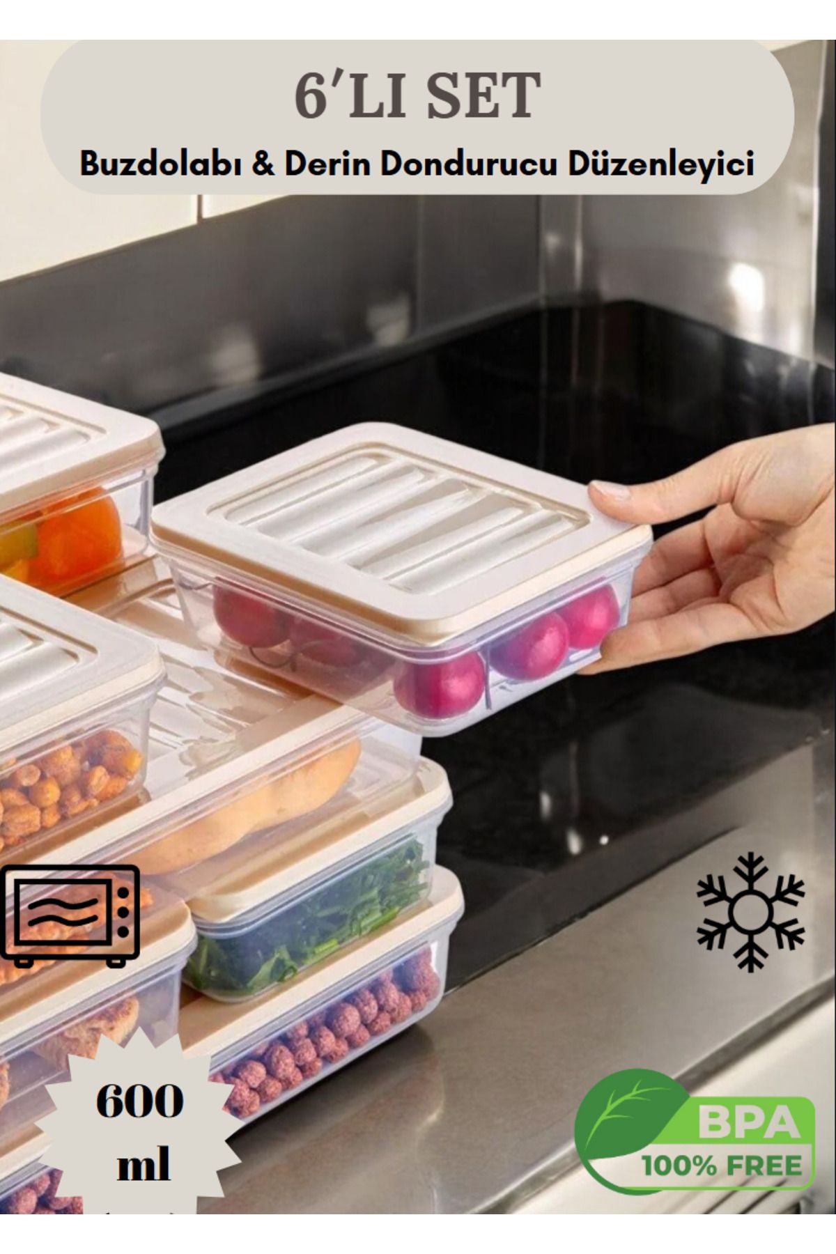 Flash Bazaar-6-Piece Refrigerator Organizer Microwave and Freeze Convenient Storage Container Cream Lid 6 X 600 ml 2