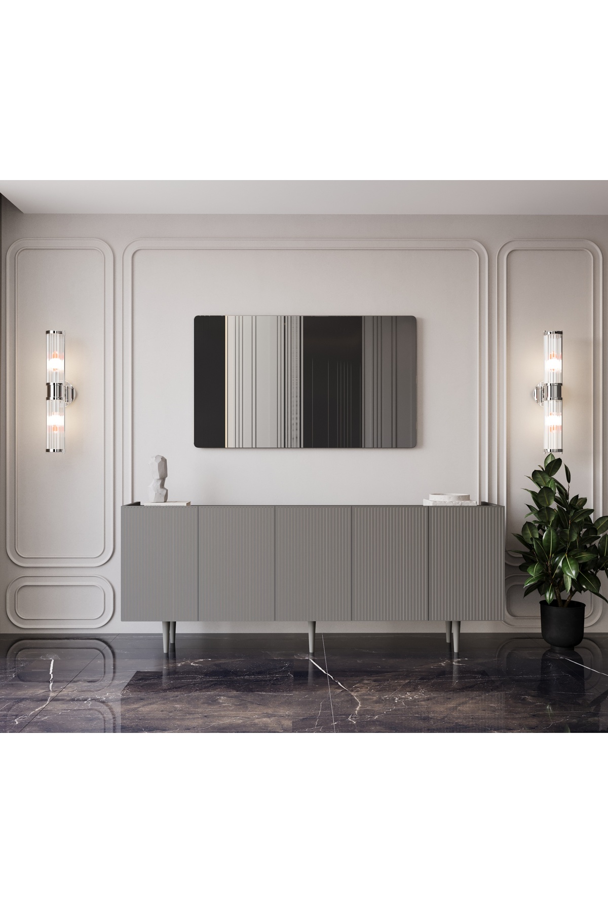 Capella Mdf 5 Door Shelf 200 cm Console with Wooden Legs (200X80X40 CM)