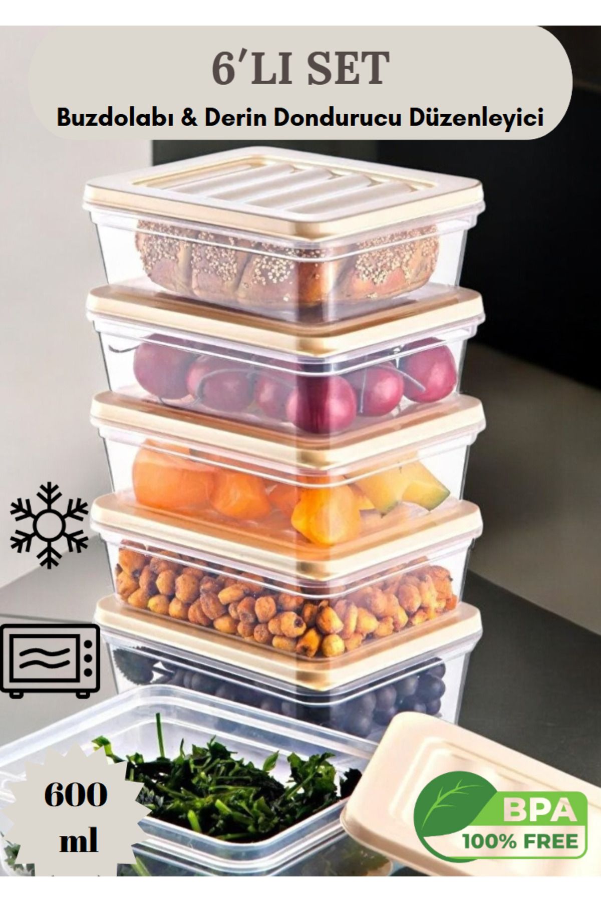 Flash Bazaar-6-Piece Refrigerator Organizer Microwave and Freeze Convenient Storage Container Cream Lid 6 X 600 ml 1