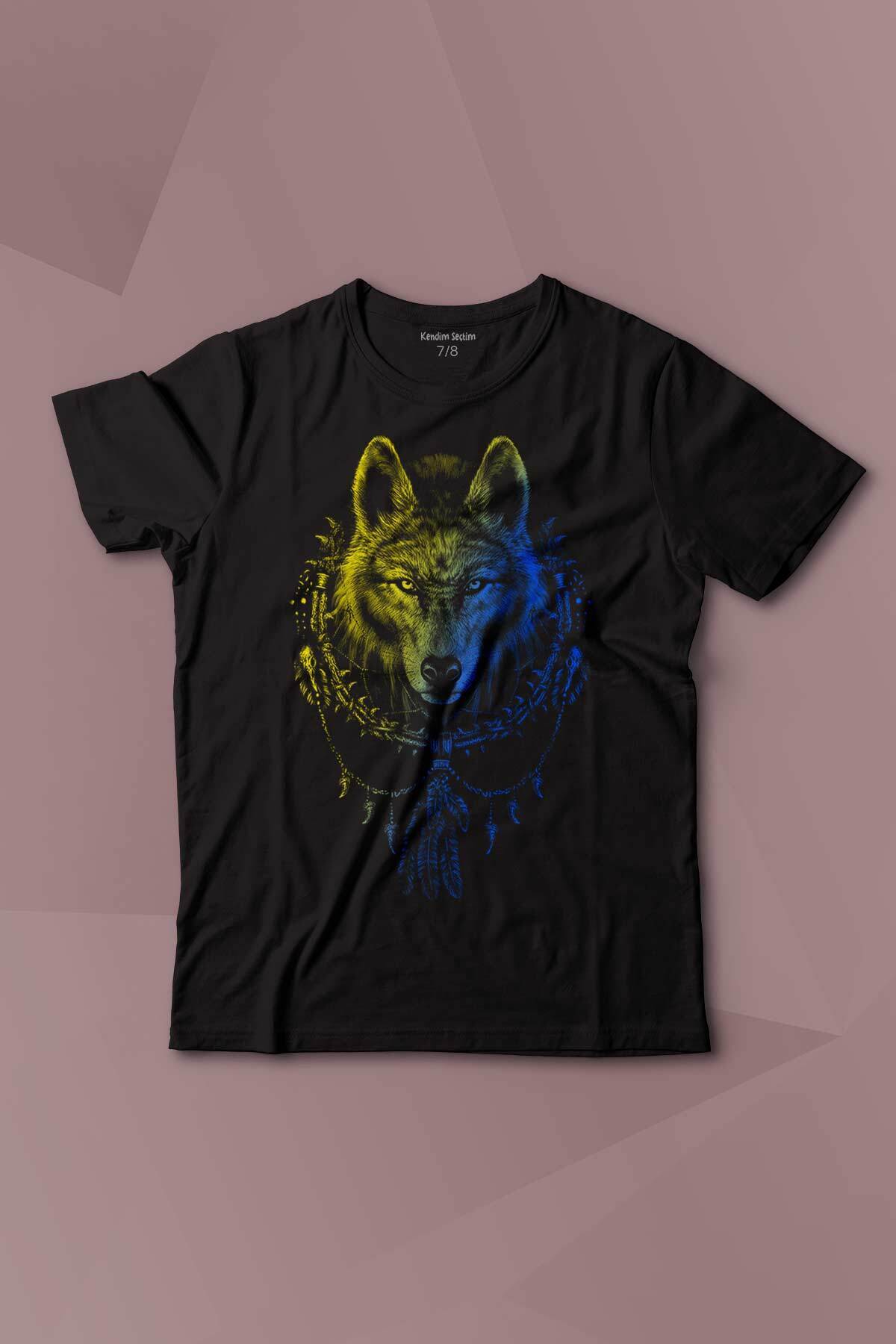 Gray Wolf Head Wolf Yellow Navy Blue Printed Kids T-Shirt Short Sleeve