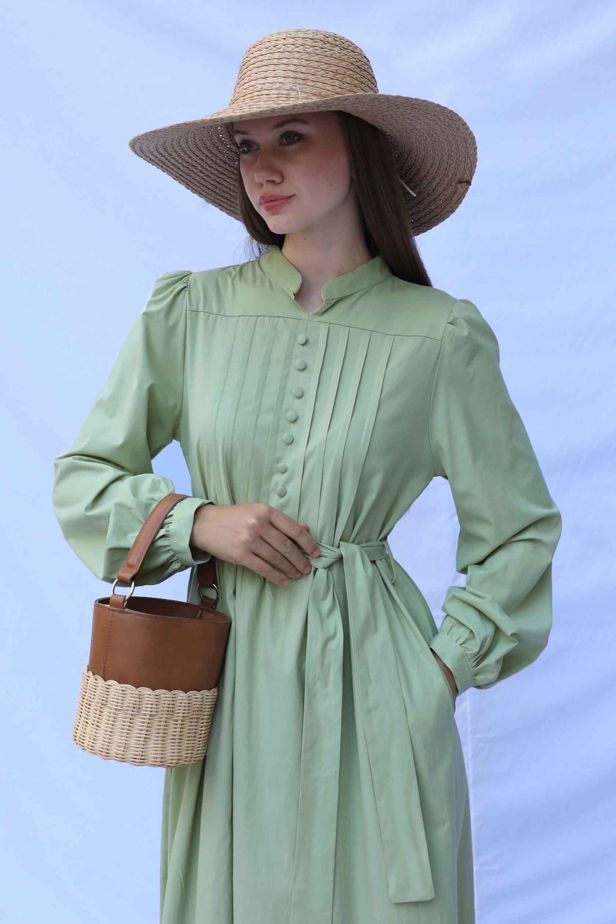 ZÜLAYS-Rochie Poplin Avocado - Nasturi în față 7