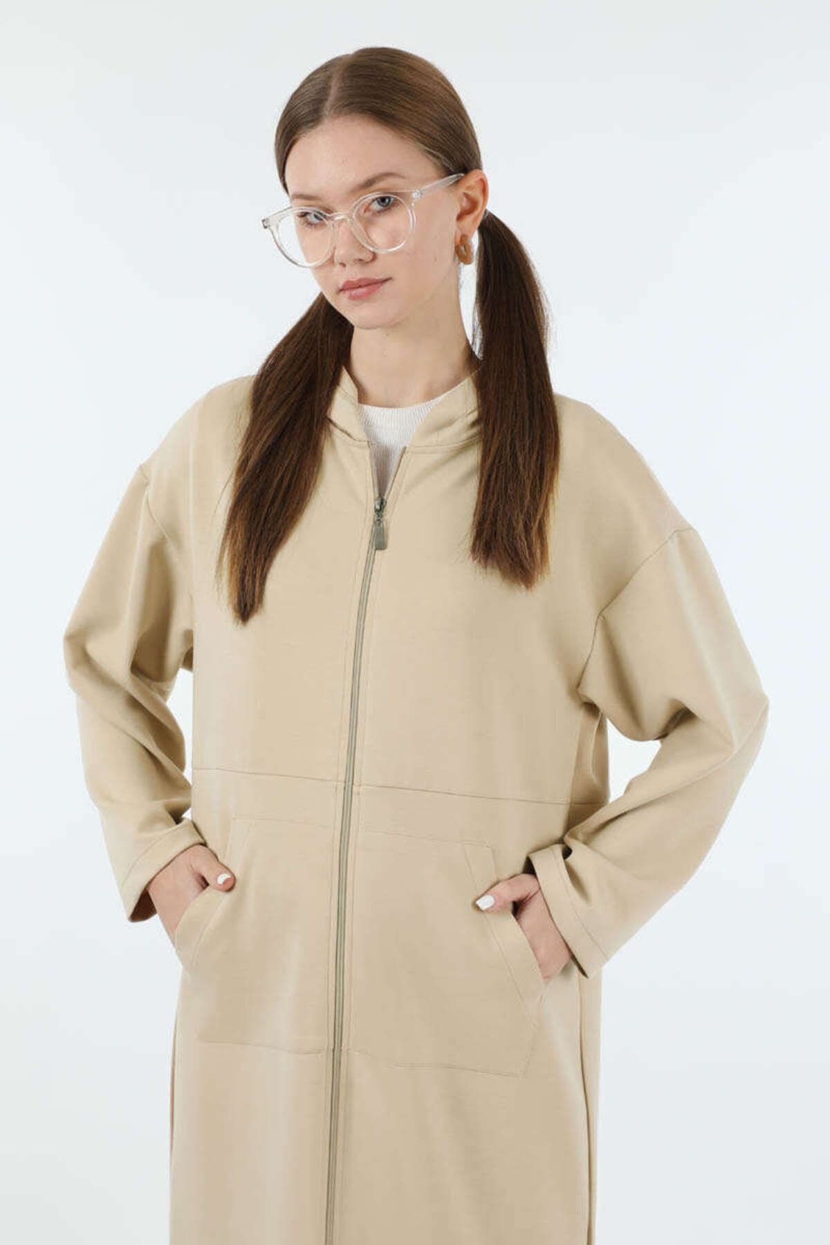 ZÜLAYS-Stone Colored Long Cardigan witH Zipper and Pockets 4