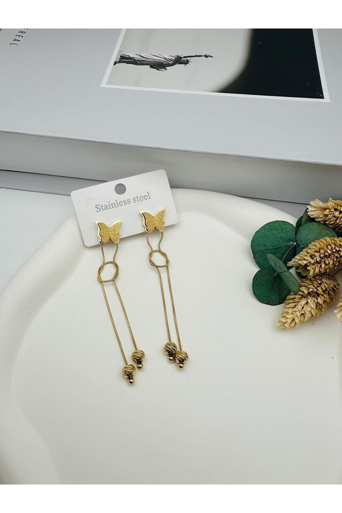 HEDİYELANDY Kelebek Çelik Küpe (Gold) Kp452