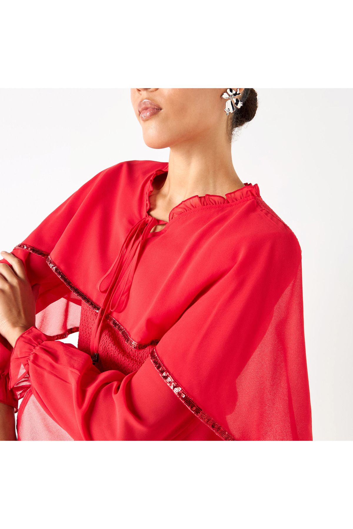 2Xtremz-Textured Cape Top With Tie-up Detail And Long Sleeves 4