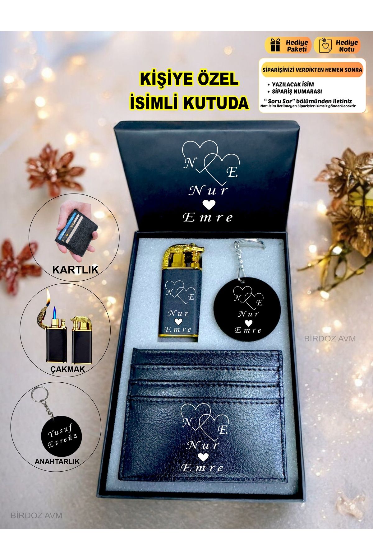 Kişiye Özel İsimli Sevgiliye Hediye Lüks Çakmak & Kartlık & Anahtarlık 3 Lü Hediye Set Özel Kutu
