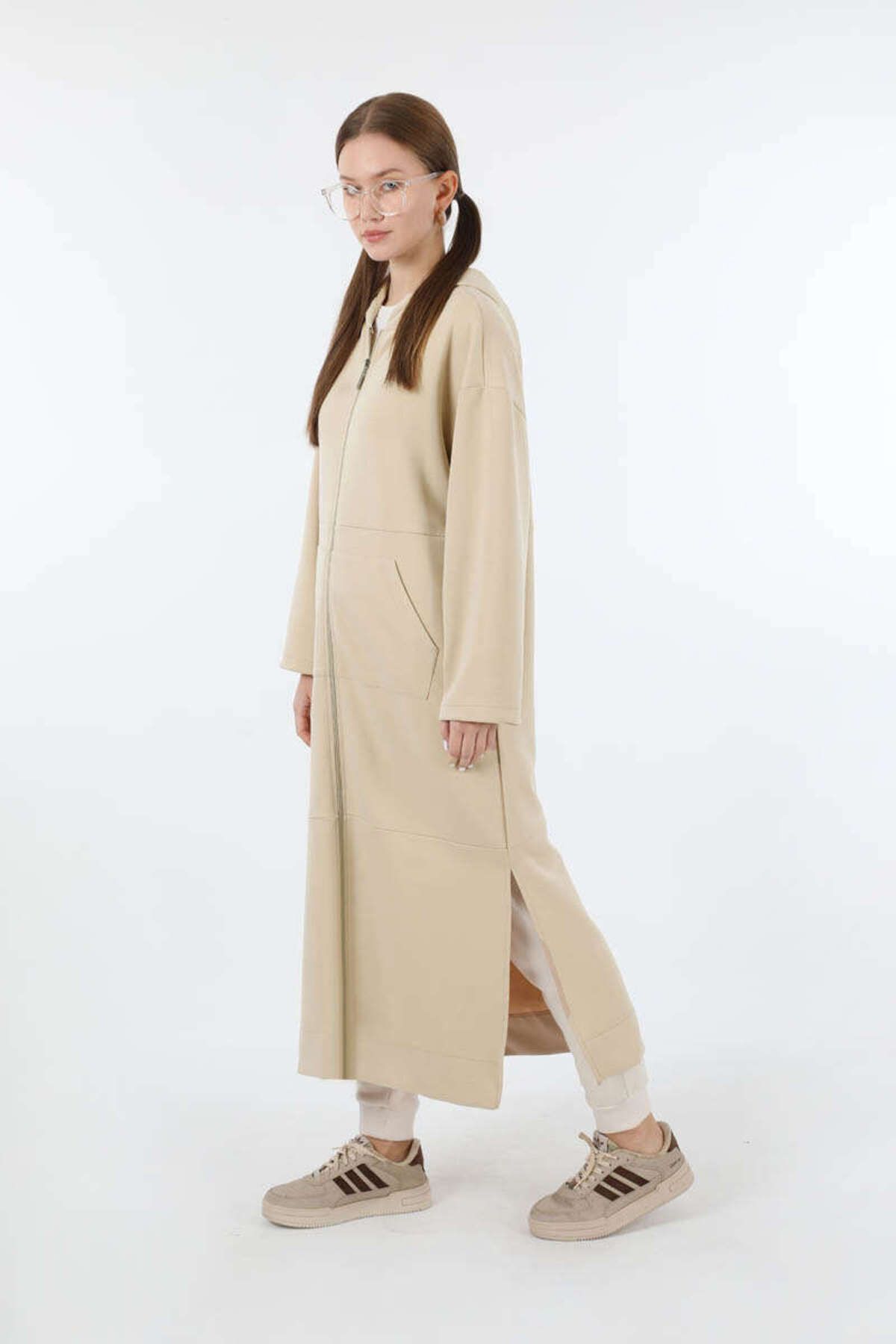 ZÜLAYS-Stone Colored Long Cardigan witH Zipper and Pockets 5