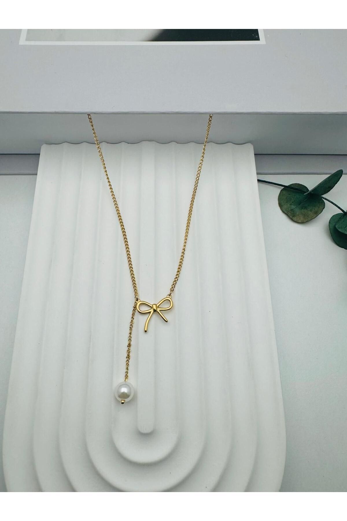 HEDİYELANDY Fiyonk İnci Detaylı Çelik Kolye (Gold) 0106218