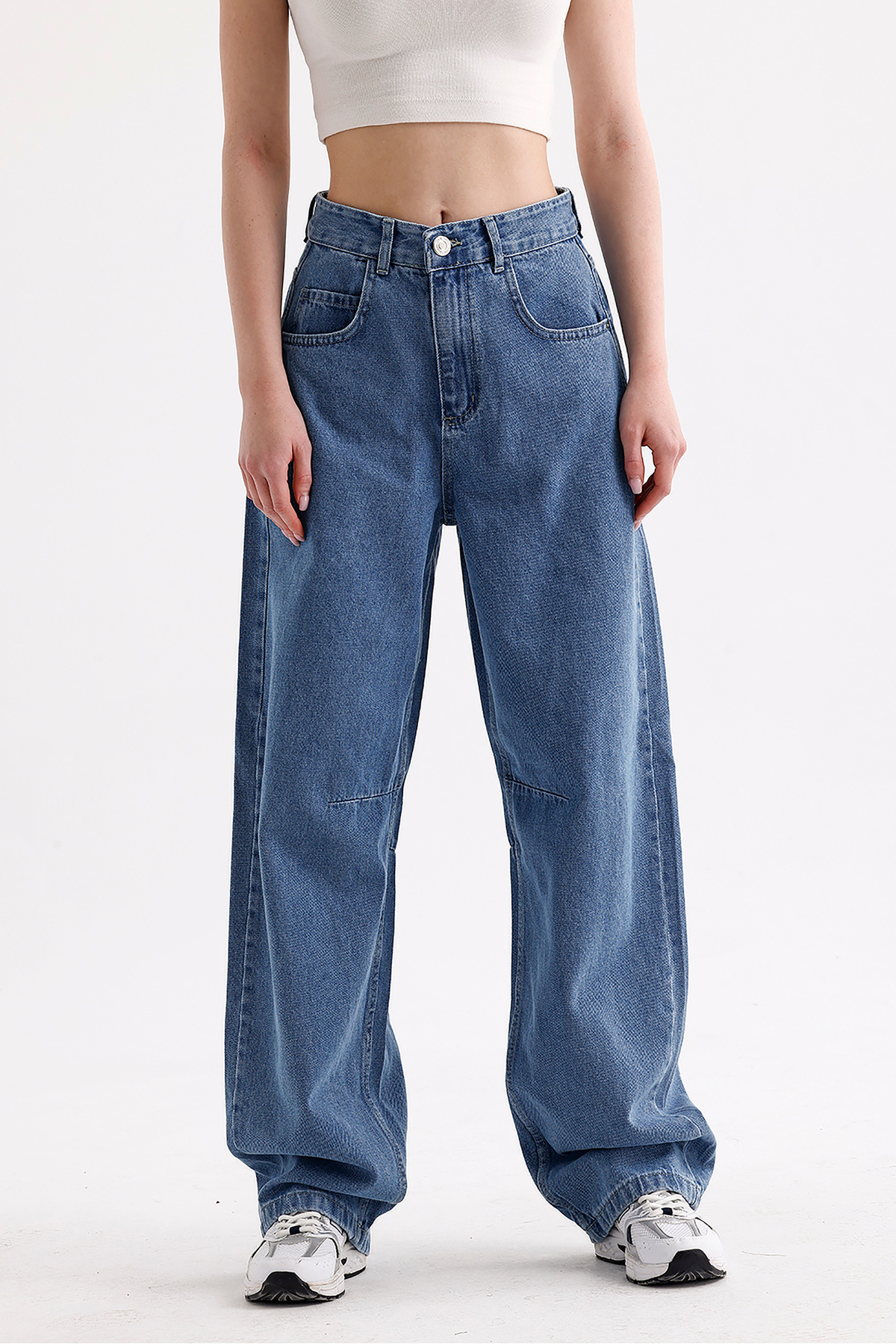 VOSSAX-Women's High Waist Buckle Detailed Loose Fitting Wide Leg Casual Baggy Jean Blue Jeans Loose Pants 2