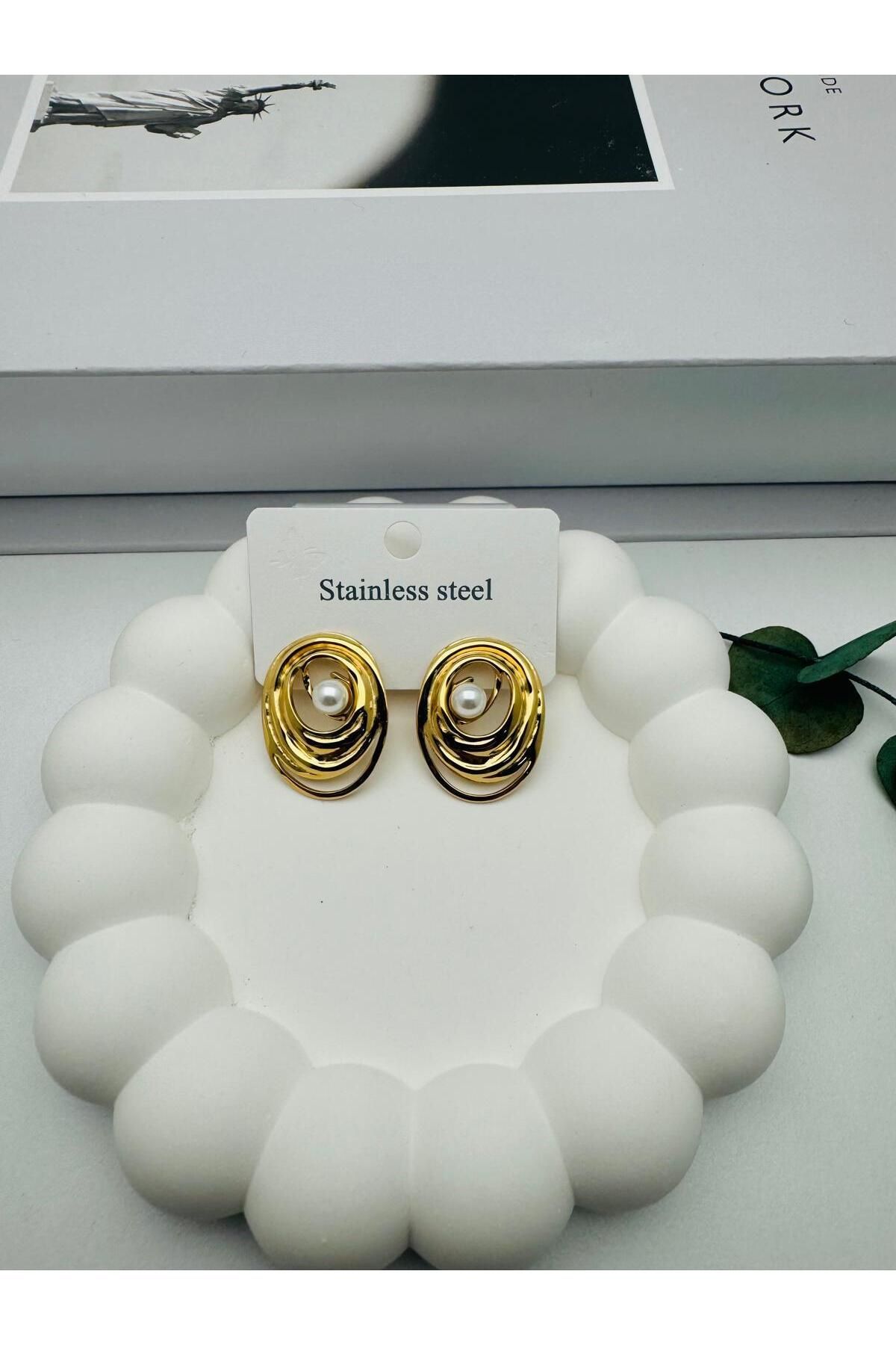 GLY ÇLKBİJUTERİ İnci Detaylı Çelik Küpe KP436 (Gold)