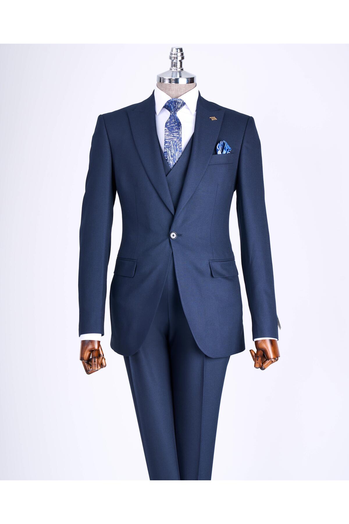İtalyan stil slim fit ceket yelek pantolon takım elbise lacivert T13057 — سرمه‌ای — تصویر 3 از 6