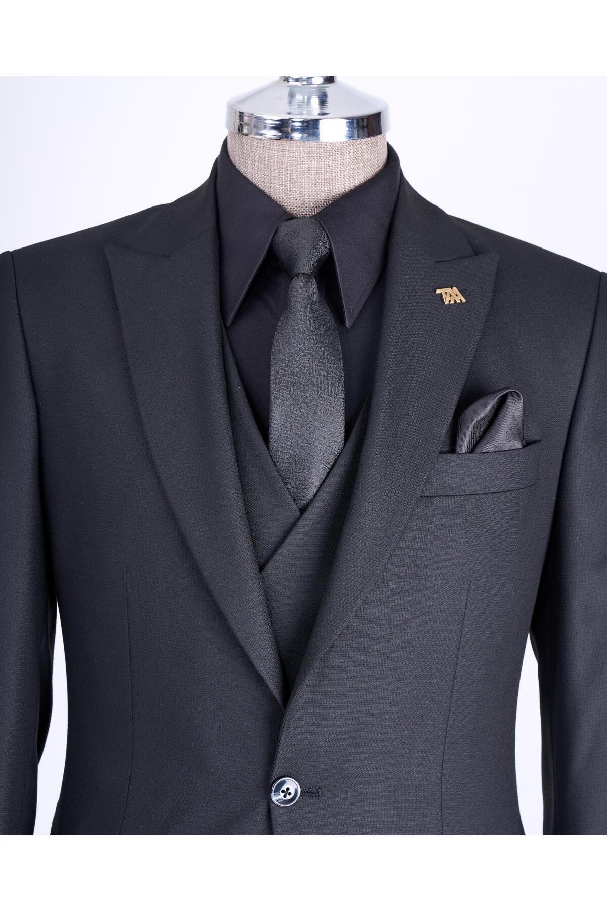 TerziAdemAltun İtalyan stil slim fit ceket yelek pantolon takım elbise siyah T13056 görsel 7