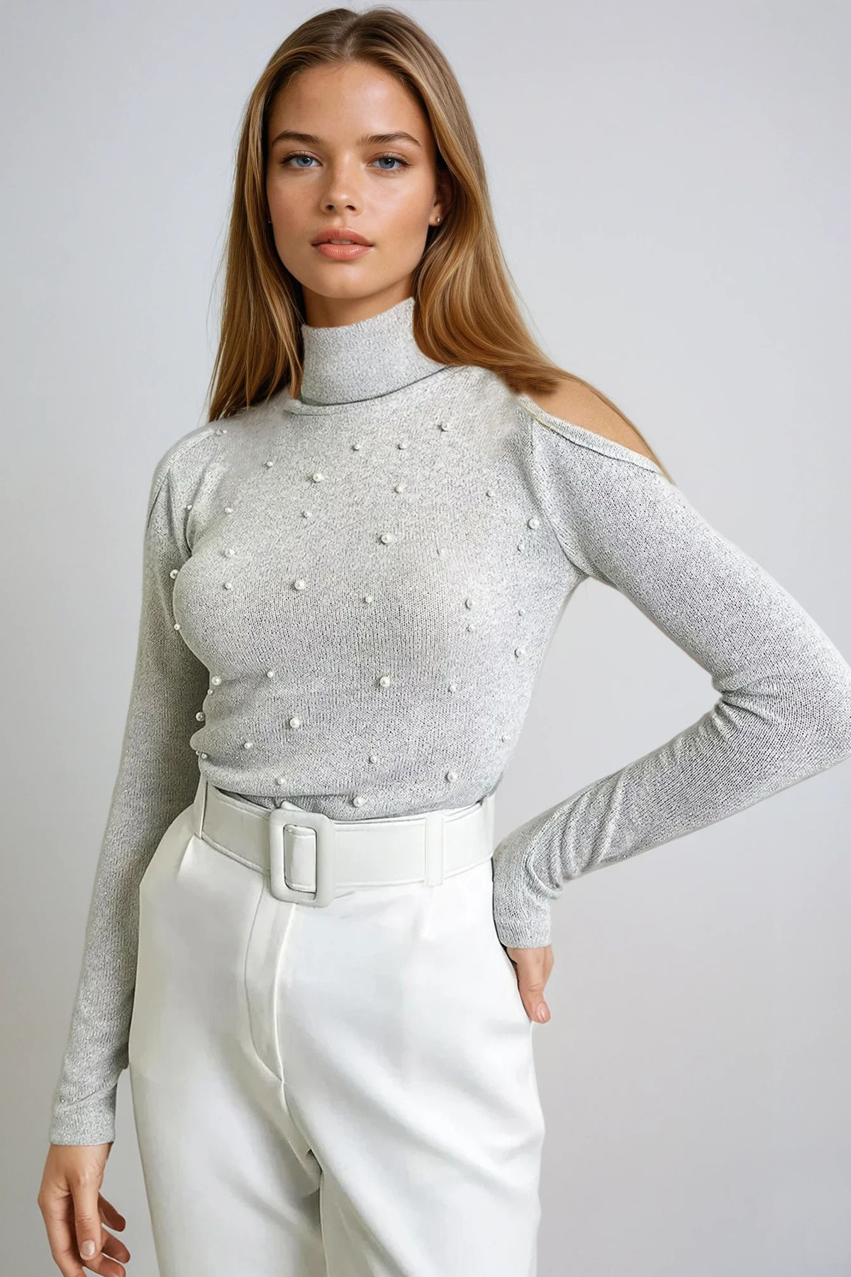 VAGGON-Γκρι Glitter Πλεκτή Μπλούζα με ζιβάγκο - Pearl Snap, Off-the-Shoulder Prmx13319 3