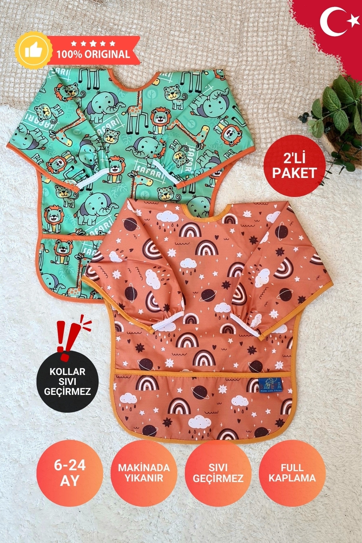 SAFARİ ve RAİNBOW Desenli 2'li Paket Sıvı Geçirmez Unisex Çocuk Aktivite ve Mama Önlüğü 6-24 Ay