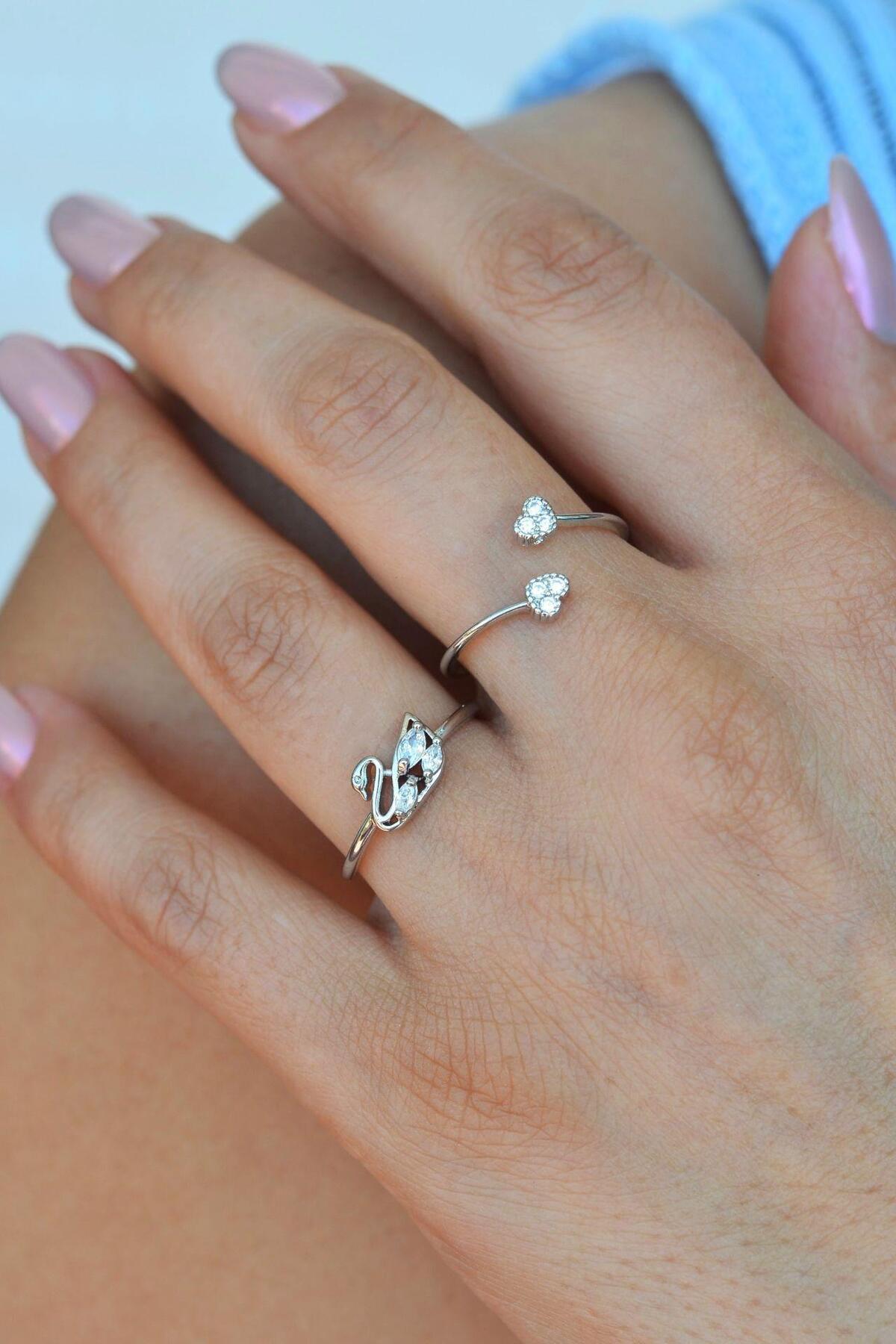 Swan and Mini Heart Figure Ring Adjustable Joint Ring Thin Ring Set Silver