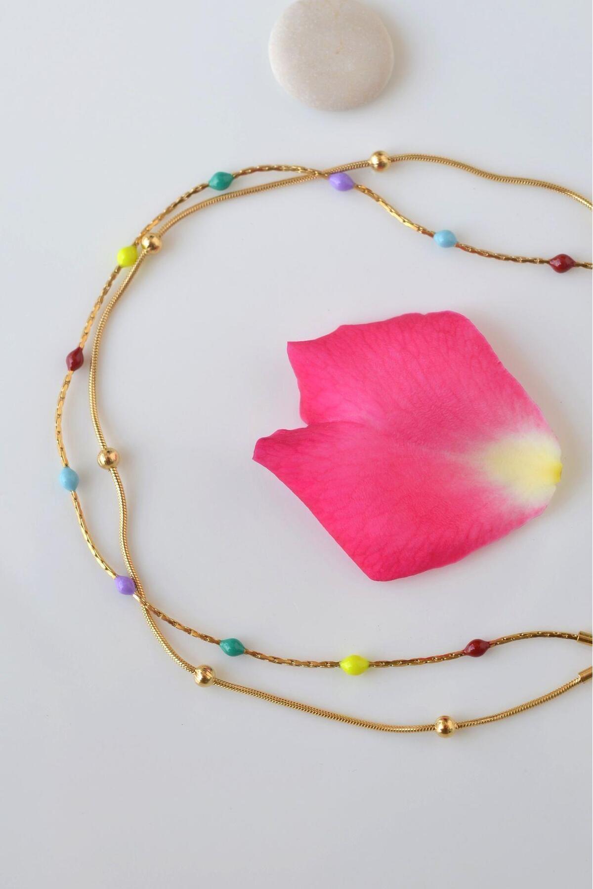 Sacce Scarves&Accessories Multicolor Çok Renkli İki Sıralı Topçuklu Çelik Halhal Gold Renk