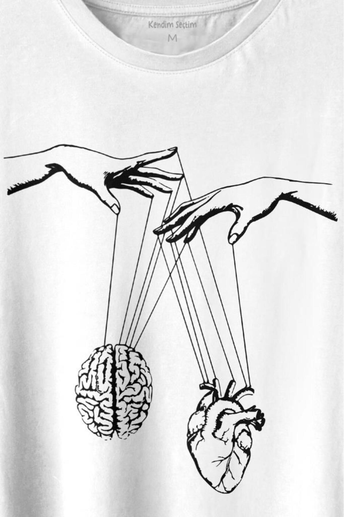 Kendim Seçtim-Κρεμαστό μπλουζάκι Heart And Brain Love Mind Logic Minimal printed T-shirt Unisex μπλουζάκι 2