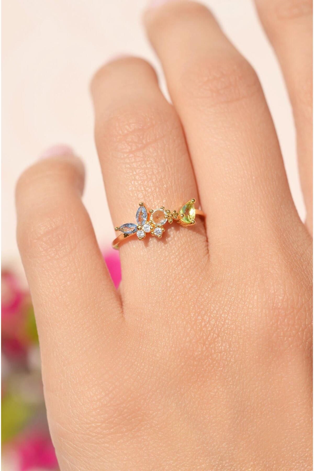 Gold Colored Blue Butterfly Joint Ring Blue Butterfly Ring