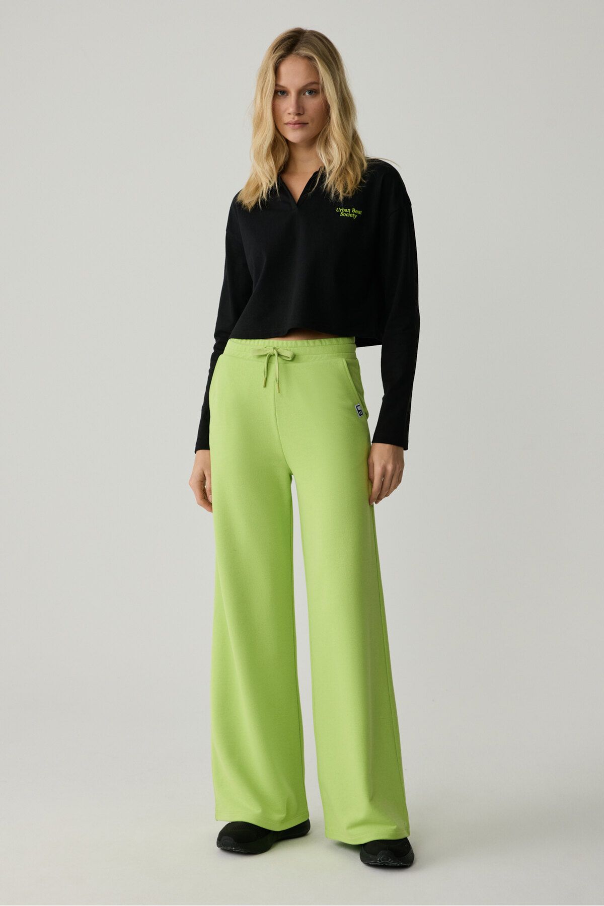 Urban Beat-Tijina Urban Beat - Pistachio Green, Relaxed Fit Women's Sweatpants, Elastic Waist Wide Leg 2