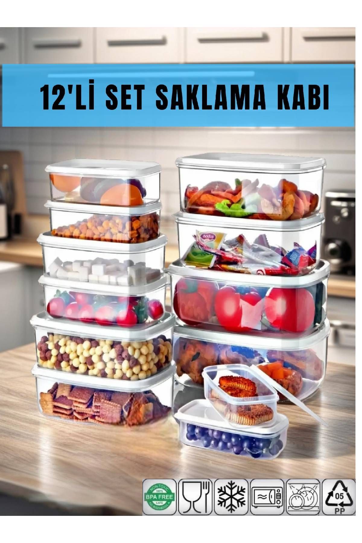MEDUSHOP 12'li Set Dikdörtgen Saklama Kabı Seti / Sızdırmaz /  Beyaz