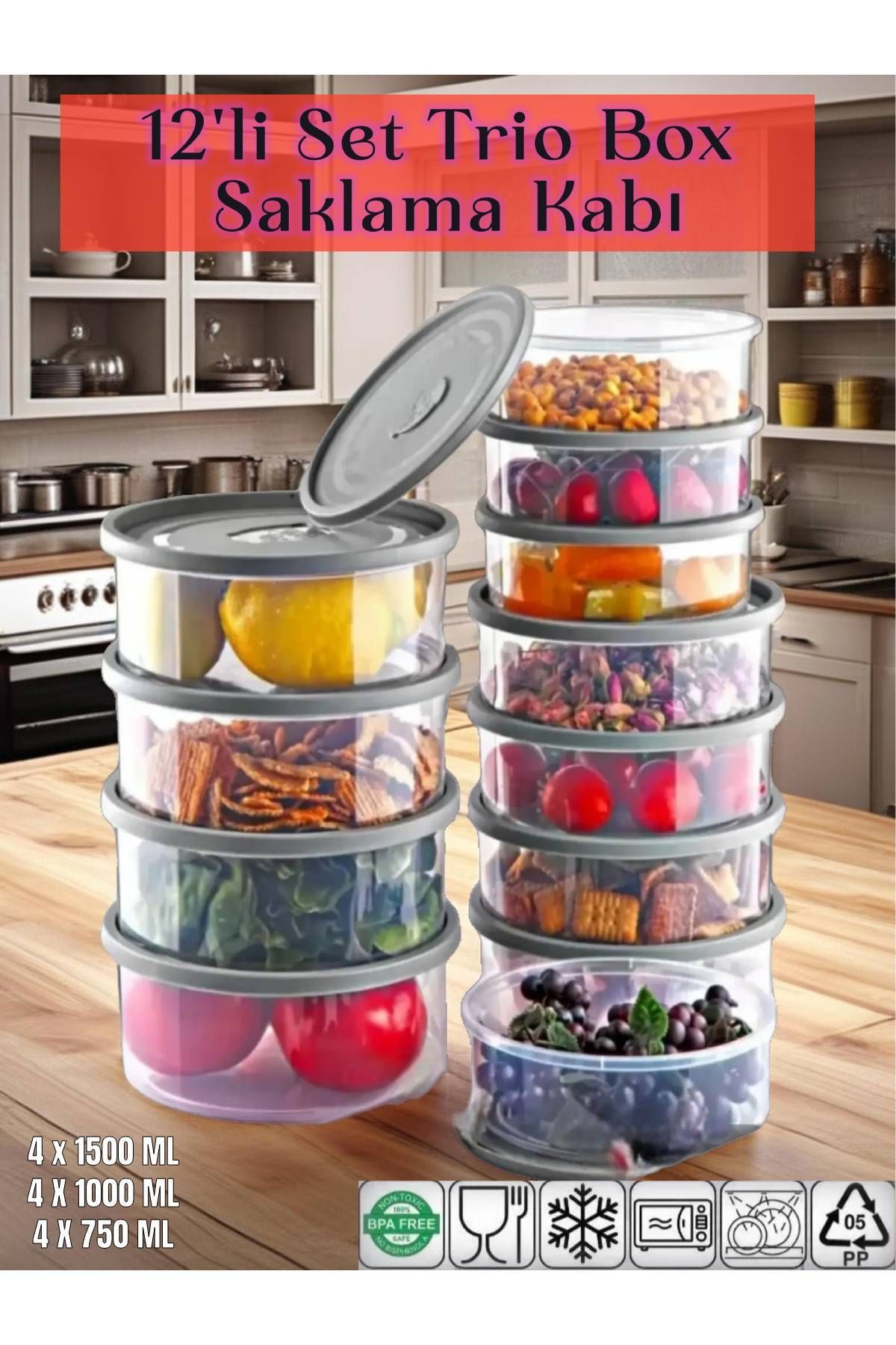 MEDUSHOP 12'li Set Yuvarlak Piknik Seti Mikrodalga & Difriz Uyumlu/Saklama Kabı X4 0,75 Lt/1 Lt/1,5 Lt