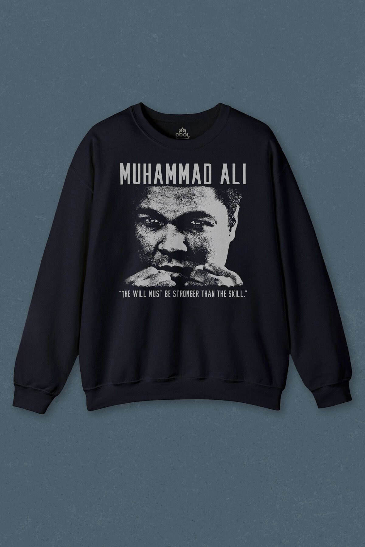 so cool-Navy Blue Sweatshirt Muhammad Ali Box The Will Must Be Stronger Than The Skill Printed Unisex Sweat 1
