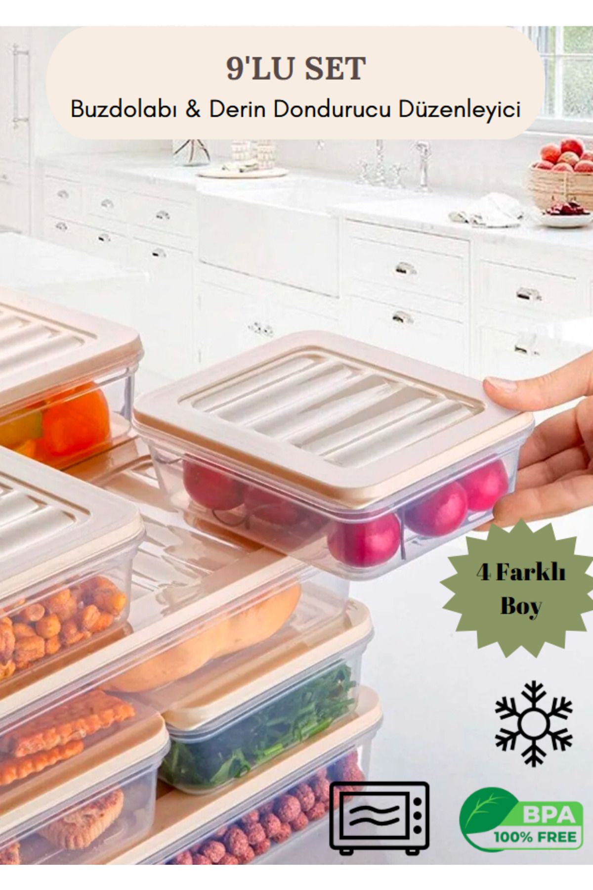 Flash Bazaar-9 Pieces of Storage Containers Suitable for Microwave and Freezer - 1X5300Ml 2X2500Ml 2X2470Ml 4X1100Ml Cream Lid 3