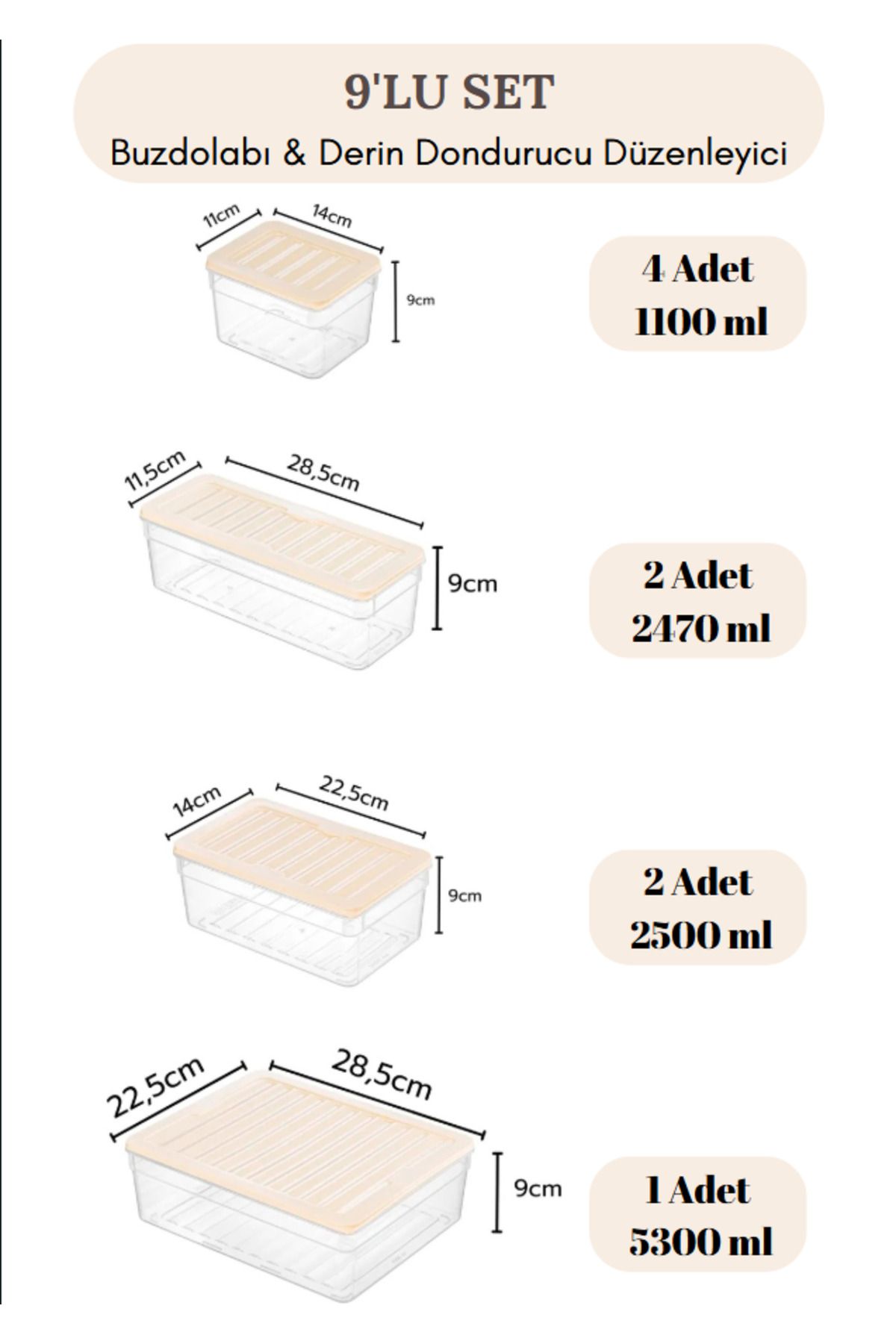 Flash Bazaar-9 Pieces of Storage Containers Suitable for Microwave and Freezer - 1X5300Ml 2X2500Ml 2X2470Ml 4X1100Ml Cream Lid 2
