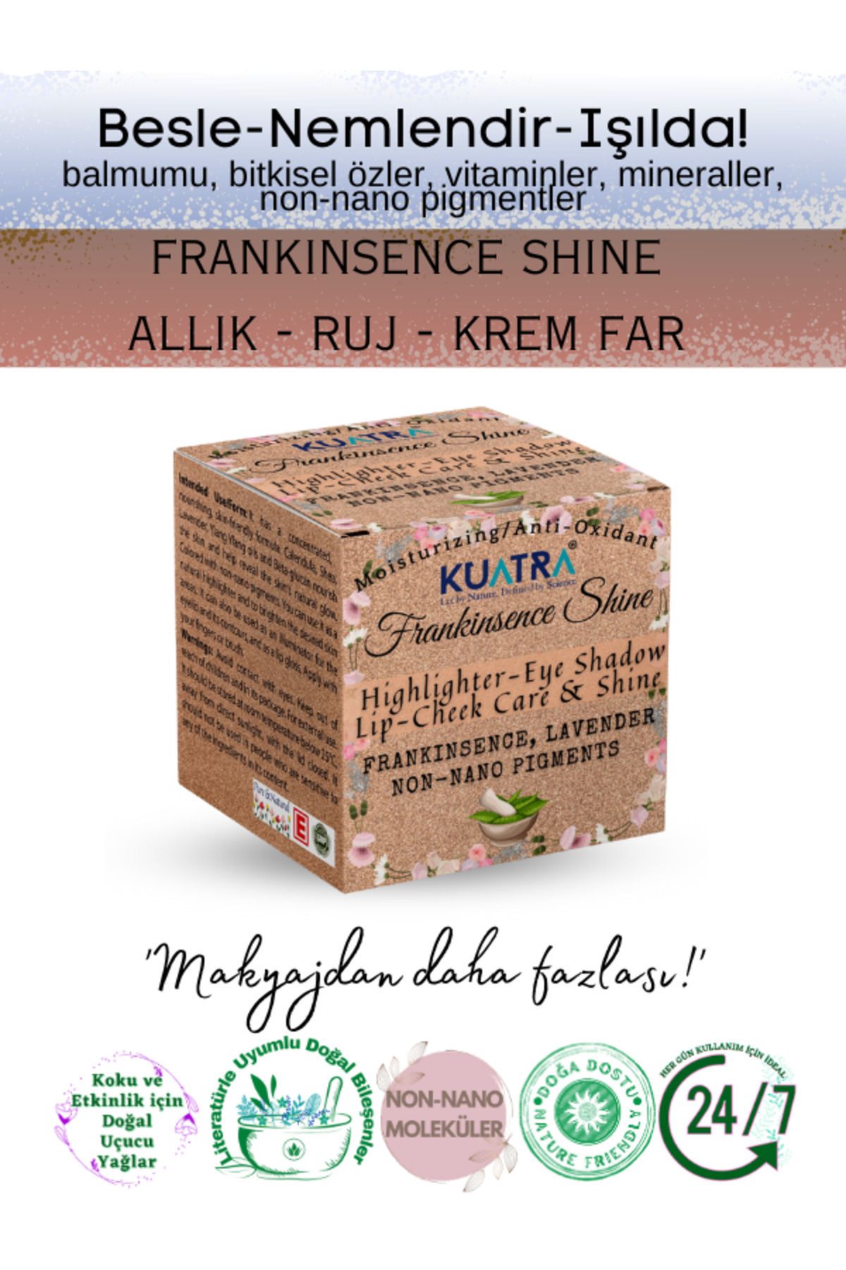 KUATRA Frankinsence Shine مرطوب کننده، آنتی اکسیدان، رژگونه درخشان-رژ لب-سایه چشم "مواد طبیعی"